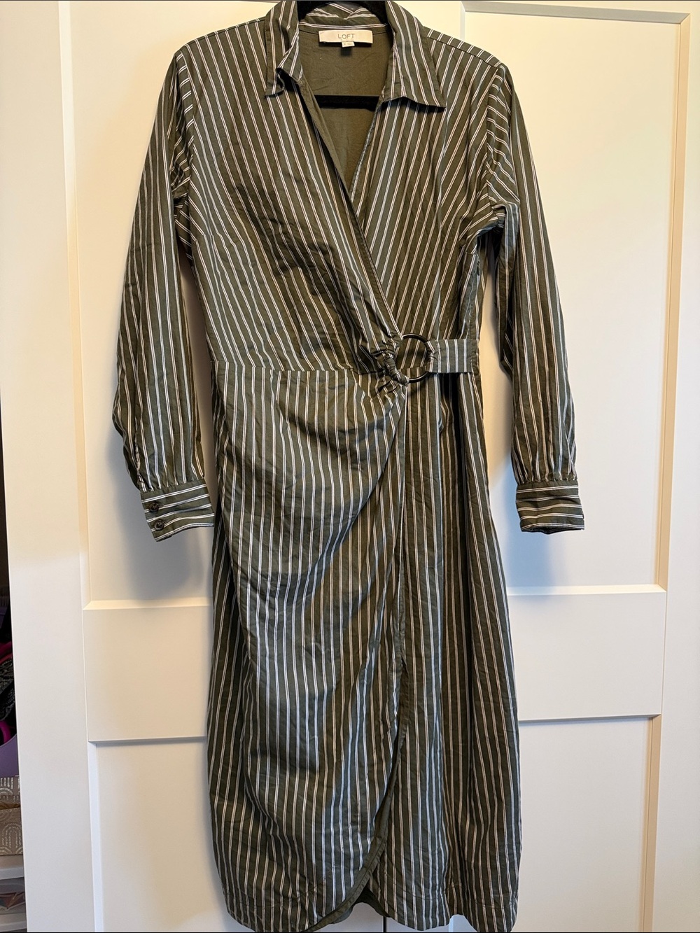 LOFT Olive Stripe Wrap Midi Dress